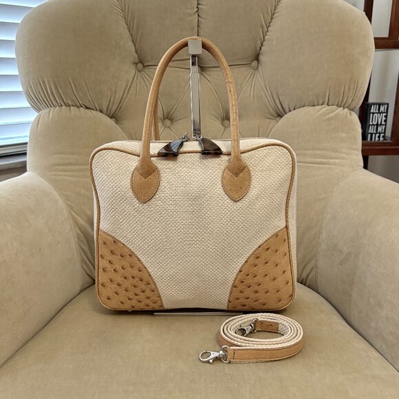 Auth. LANA MARKS Iconic Genuine Ostrich & Linen Convertible Satchel Shoulder Bag - Picture 1 of 9